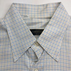 Corneliani Men’s Italian white with microcheck blue/yellow cotton shirt size Med